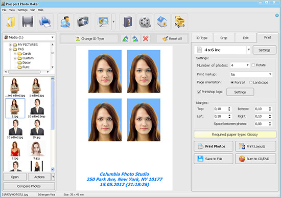 ID photo software: automatic photo crop: print module